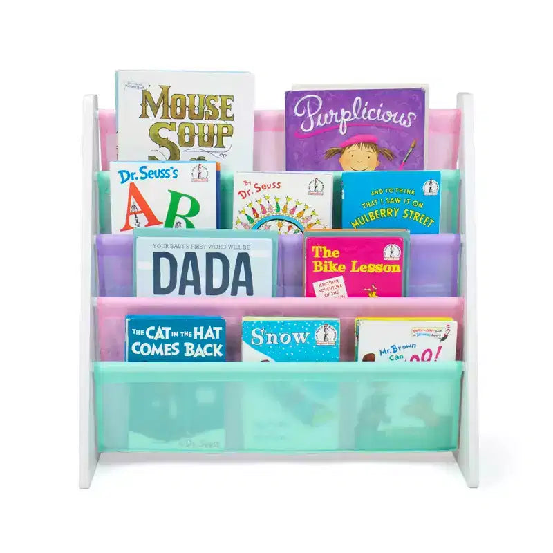 Kids 4-Tier Bookshelf with Fabric Pockets, White & Pastel, MDF, Ages 3–8