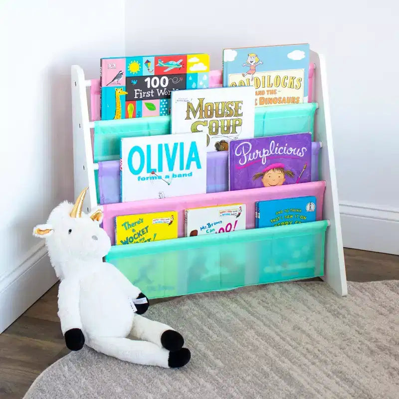 Kids 4-Tier Bookshelf with Fabric Pockets, White & Pastel, MDF, Ages 3–8