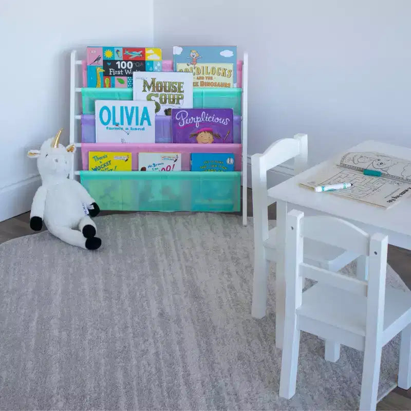 Kids 4-Tier Bookshelf with Fabric Pockets, White & Pastel, MDF, Ages 3–8