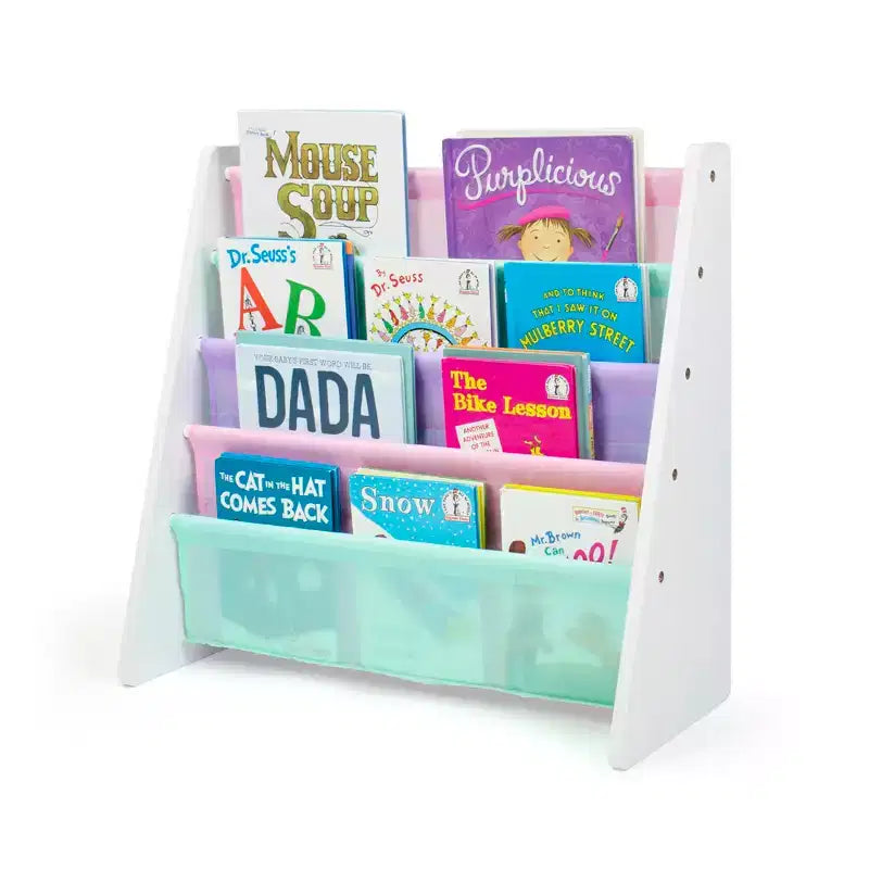 Kids 4-Tier Bookshelf with Fabric Pockets, White & Pastel, MDF, Ages 3–8