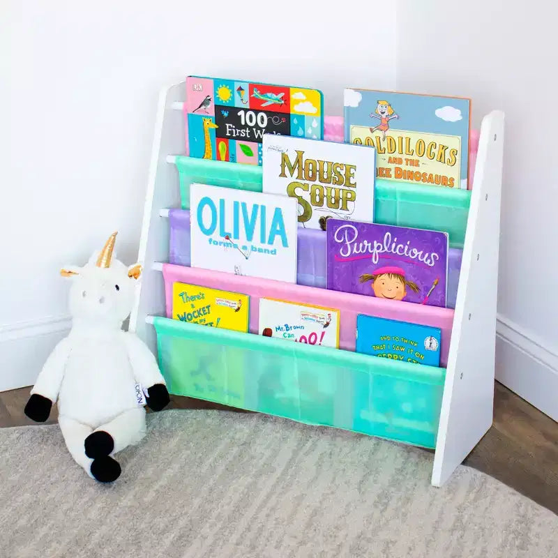 Kids 4-Tier Bookshelf with Fabric Pockets, White & Pastel, MDF, Ages 3–8