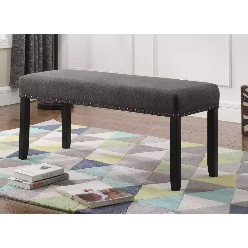 Fabric Dining Bench with Nailhead Trim, Grey Upholstery, Dining Room or Living Room