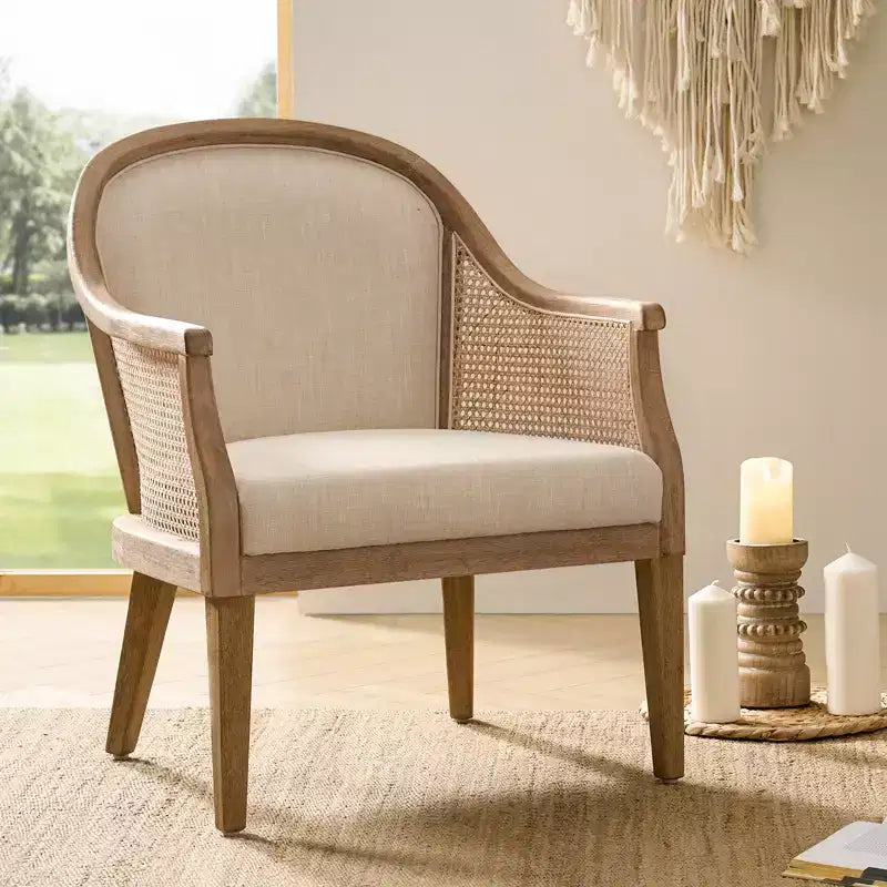 Farmhouse Rattan Solid Wood Armchair, Natural Woven Accent Chair