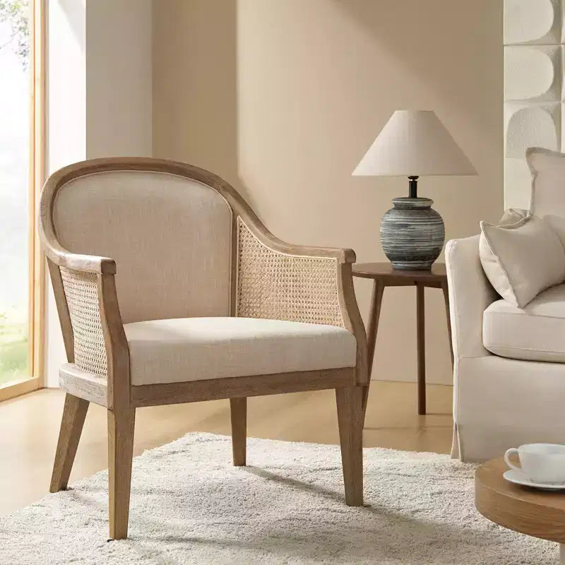 Farmhouse Rattan Solid Wood Armchair, Natural Woven Accent Chair