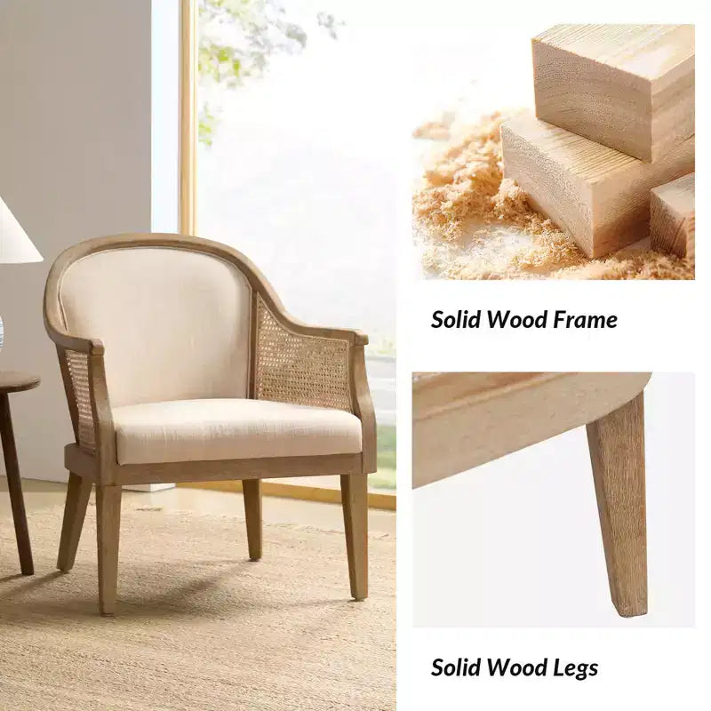 Farmhouse Rattan Solid Wood Armchair, Natural Woven Accent Chair