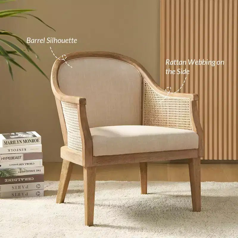 Farmhouse Rattan Solid Wood Armchair, Natural Woven Accent Chair