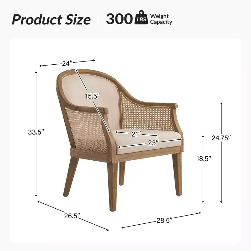 Farmhouse Rattan Solid Wood Armchair, Natural Woven Accent Chair