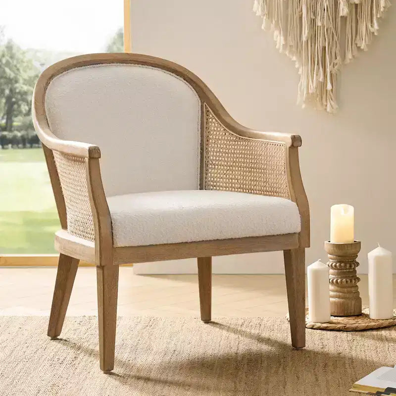 Farmhouse Rattan Solid Wood Armchair, Natural Woven Accent Chair