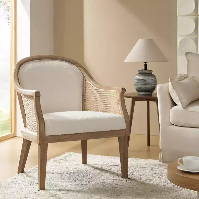 Farmhouse Rattan Solid Wood Armchair, Natural Woven Accent Chair