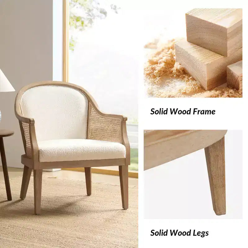 Farmhouse Rattan Solid Wood Armchair, Natural Woven Accent Chair