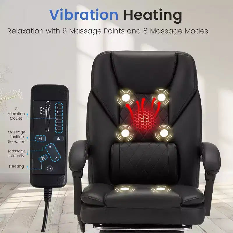 6-Point Massage Office Chair with Heat & Retractable Footrest, PU Leather, Black