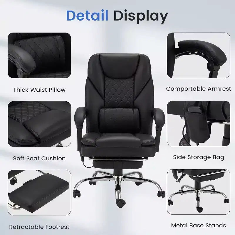 6-Point Massage Office Chair with Heat & Retractable Footrest, PU Leather, Black