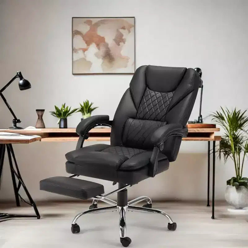 6-Point Massage Office Chair with Heat & Retractable Footrest, PU Leather, Black