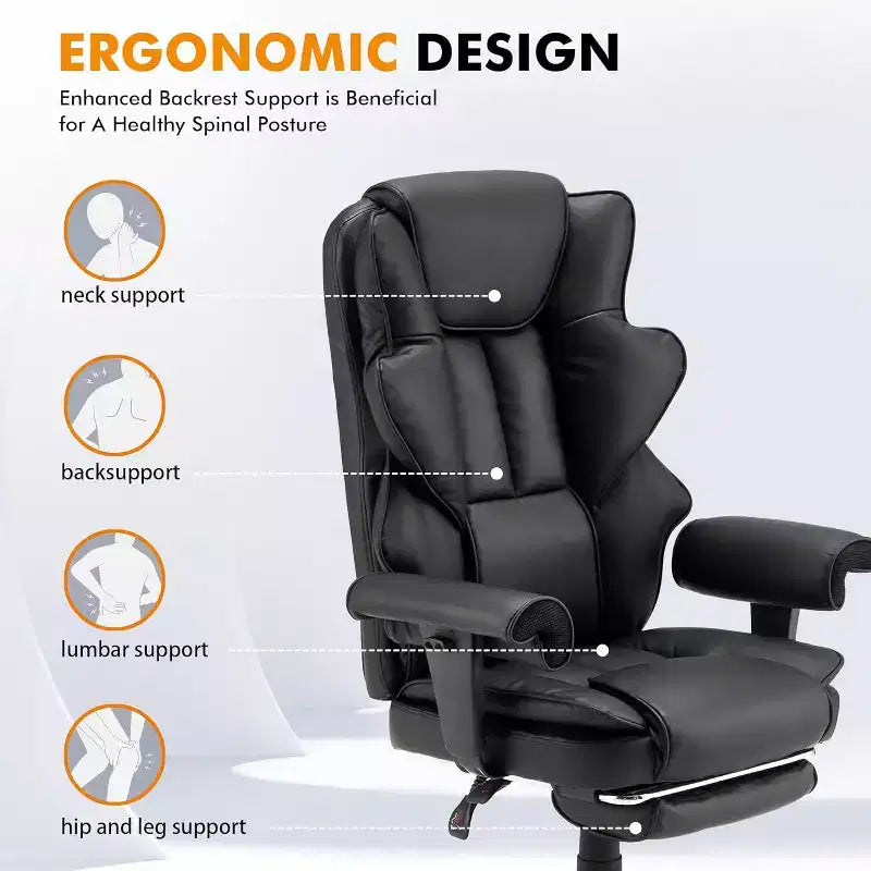 6-Point Massage Office Chair with Heat & Retractable Footrest, PU Leather, Grey