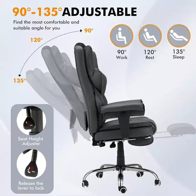 6-Point Massage Office Chair with Heat & Retractable Footrest, PU Leather, Grey