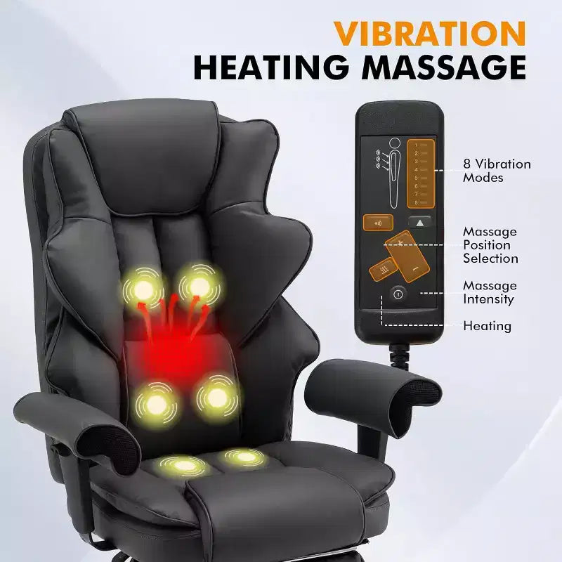 6-Point Massage Office Chair with Heat & Retractable Footrest, PU Leather, Grey