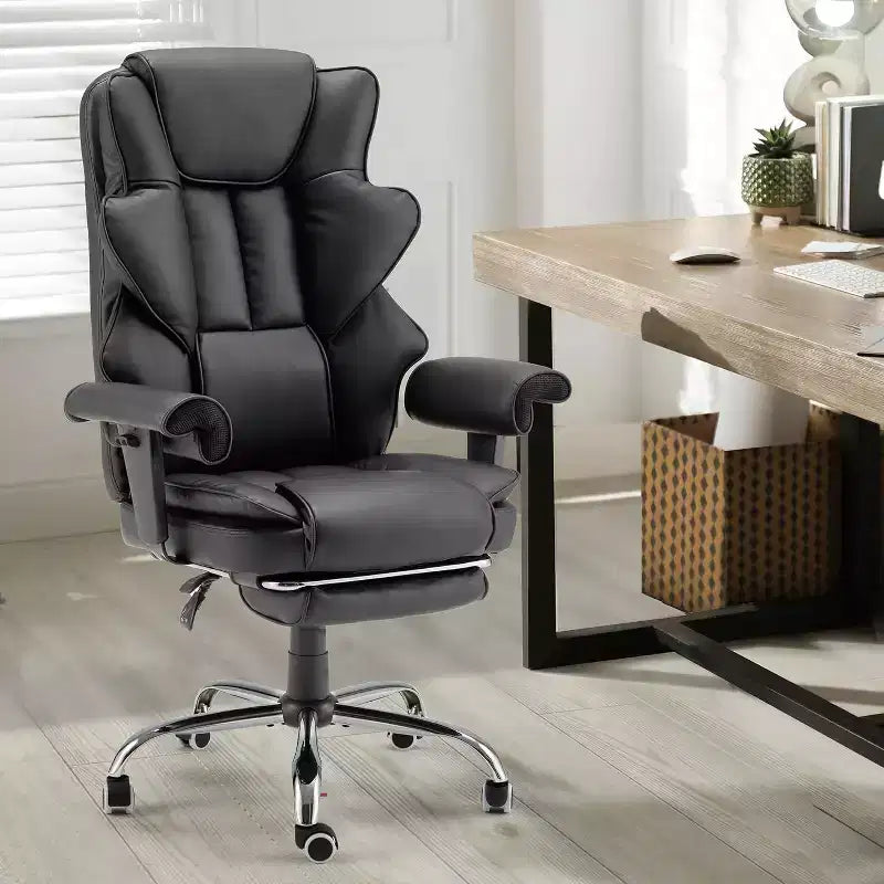 6-Point Massage Office Chair with Heat & Retractable Footrest, PU Leather, Grey