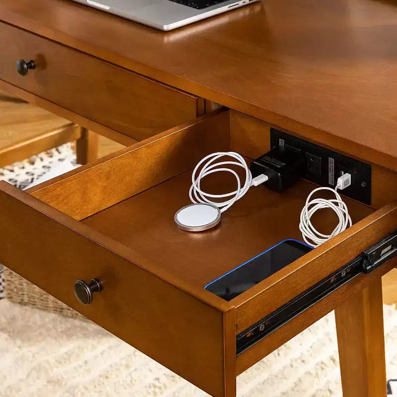 71.5" Writing Desk with Built-in Power Outlets & Storage Drawer, MDF Veneer