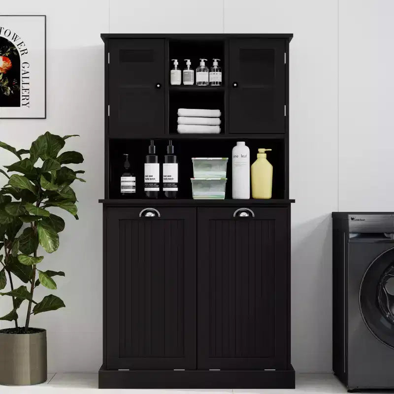 AndMakers 32.68 in. W. x 14.57 in. D x 59.69 in. H Black Freestanding Tilt-Out Linen Cabinet with Adjustable Shelves