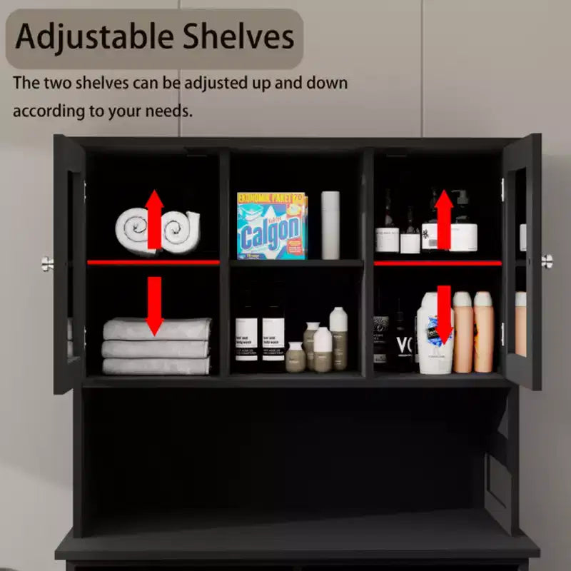 59.7" Black Freestanding Tilt-Out Linen Cabinet with Adjustable Shelves, 32.7"W