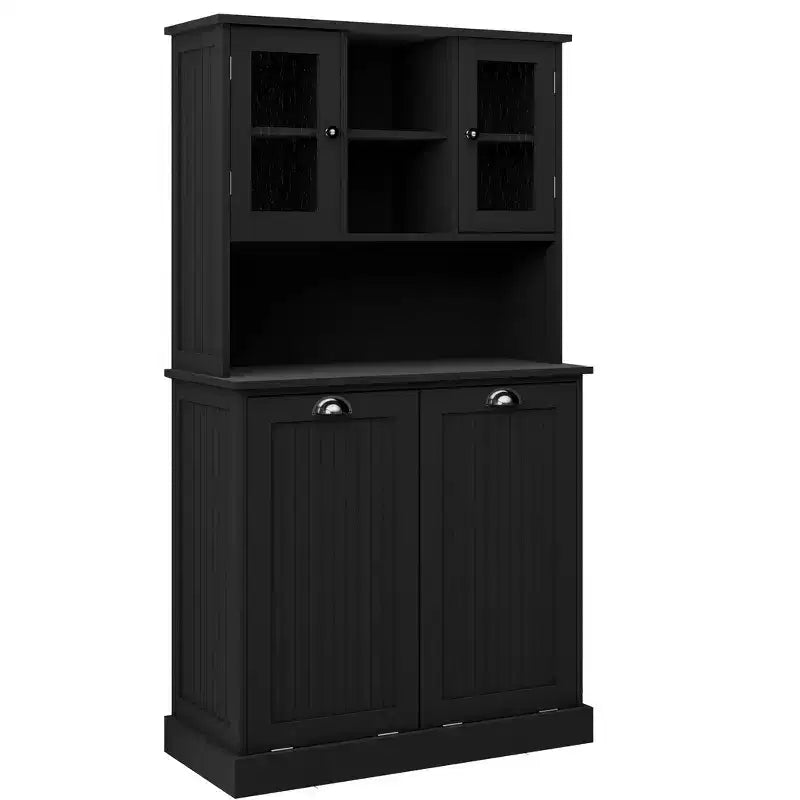 59.7" Black Freestanding Tilt-Out Linen Cabinet with Adjustable Shelves, 32.7"W