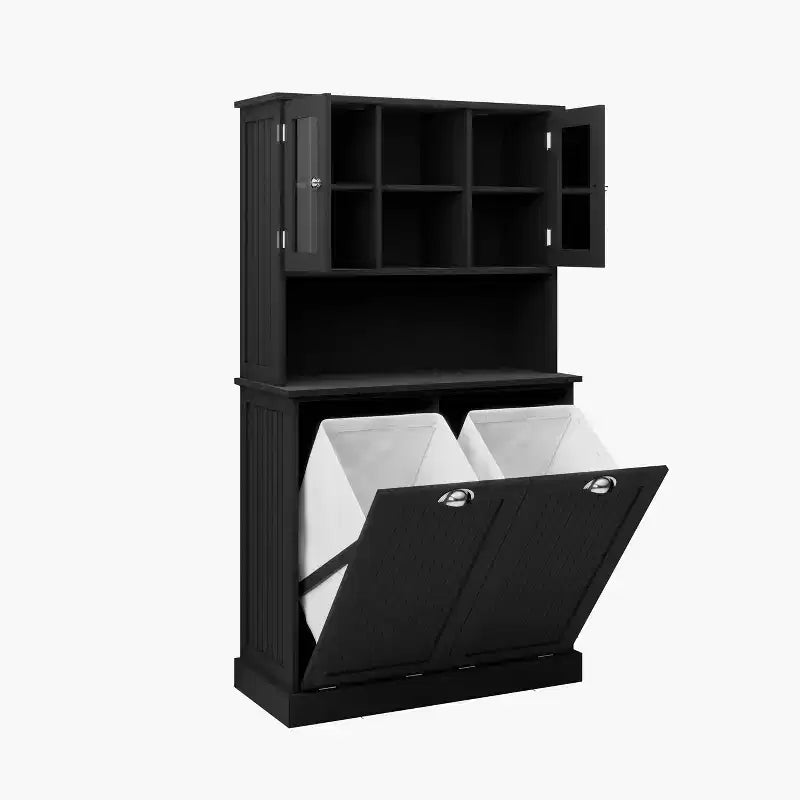 59.7" Black Freestanding Tilt-Out Linen Cabinet with Adjustable Shelves, 32.7"W