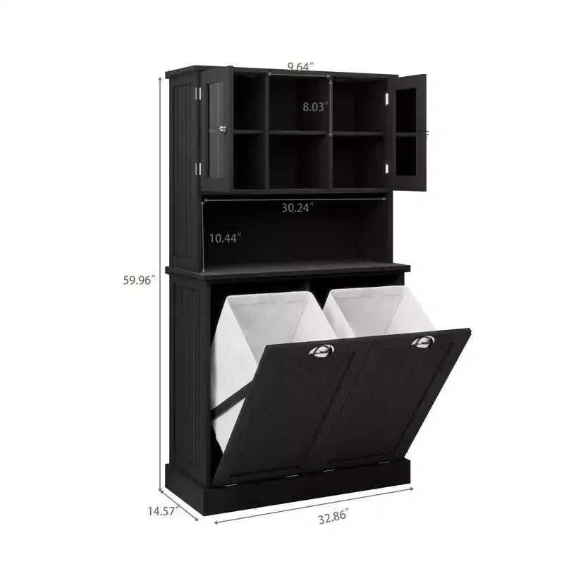 59.7" Black Freestanding Tilt-Out Linen Cabinet with Adjustable Shelves, 32.7"W