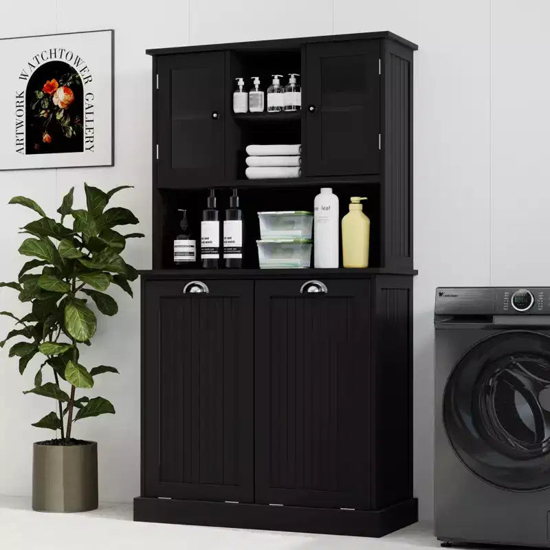 59.7" Black Freestanding Tilt-Out Linen Cabinet with Adjustable Shelves, 32.7"W