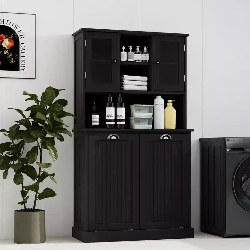 59.7" Black Freestanding Tilt-Out Linen Cabinet with Adjustable Shelves, 32.7"W
