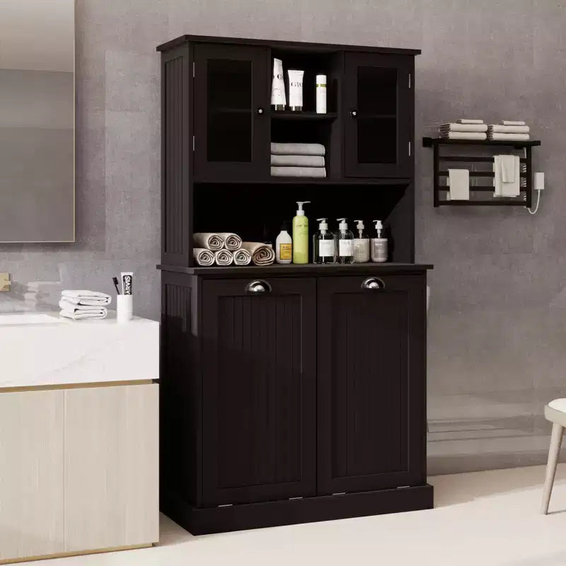 59.7" Black Freestanding Tilt-Out Linen Cabinet with Adjustable Shelves, 32.7"W