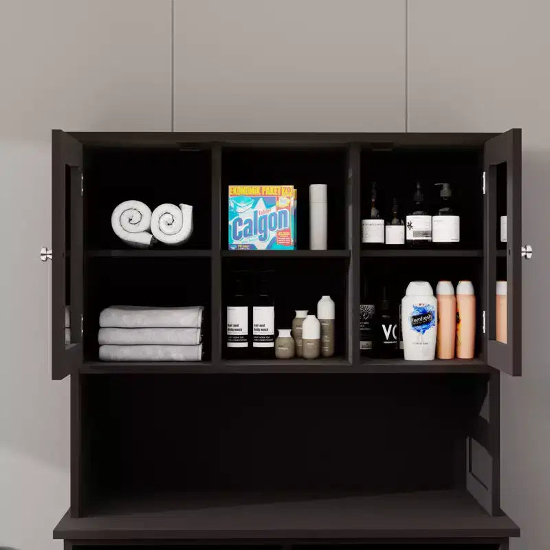 59.7" Black Freestanding Tilt-Out Linen Cabinet with Adjustable Shelves, 32.7"W