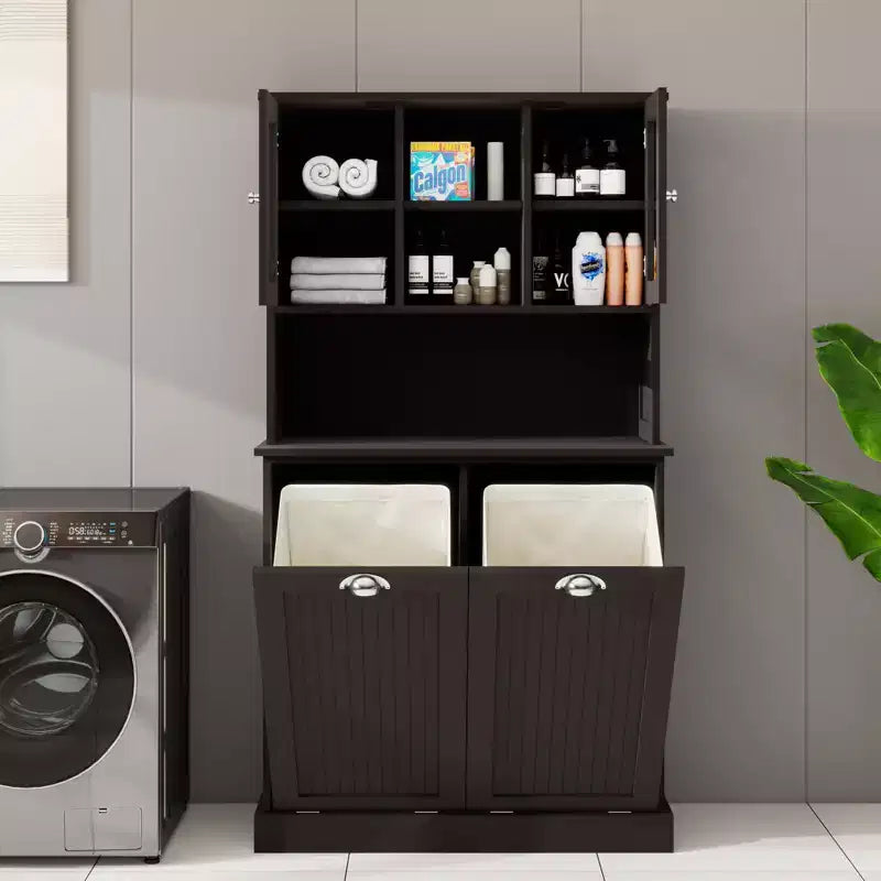 59.7" Black Freestanding Tilt-Out Linen Cabinet with Adjustable Shelves, 32.7"W