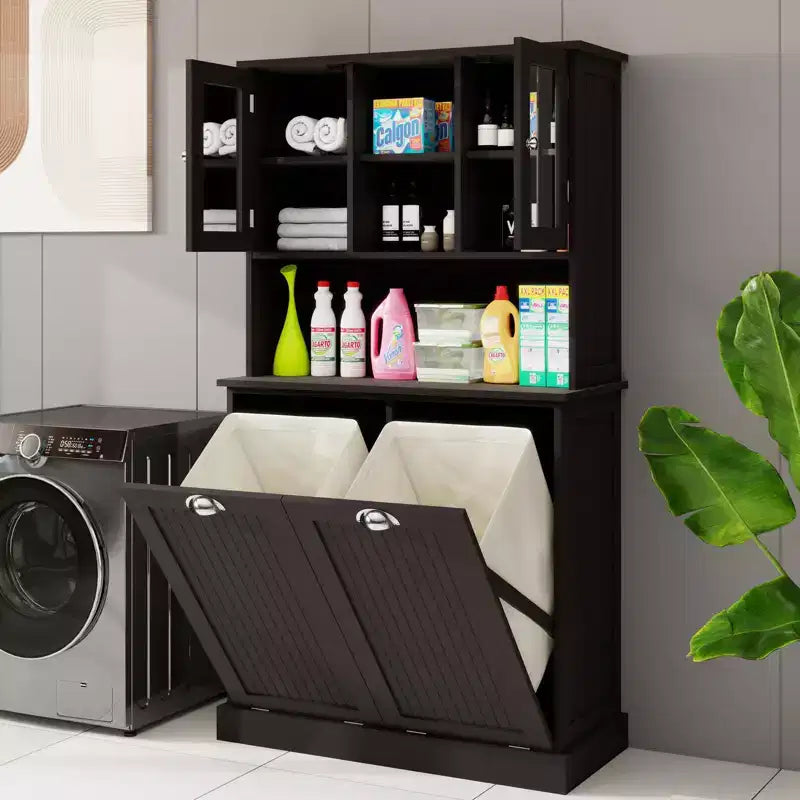 59.7" Black Freestanding Tilt-Out Linen Cabinet with Adjustable Shelves, 32.7"W