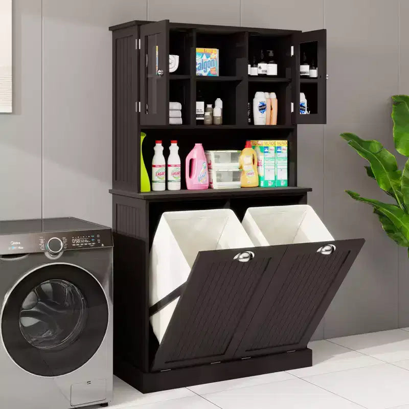 59.7" Black Freestanding Tilt-Out Linen Cabinet with Adjustable Shelves, 32.7"W