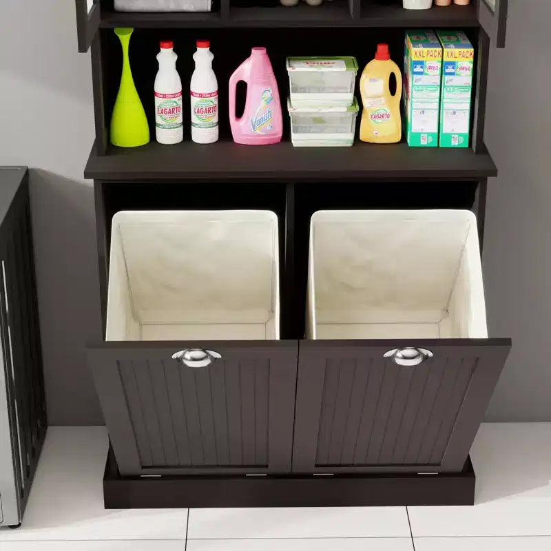 59.7" Black Freestanding Tilt-Out Linen Cabinet with Adjustable Shelves, 32.7"W