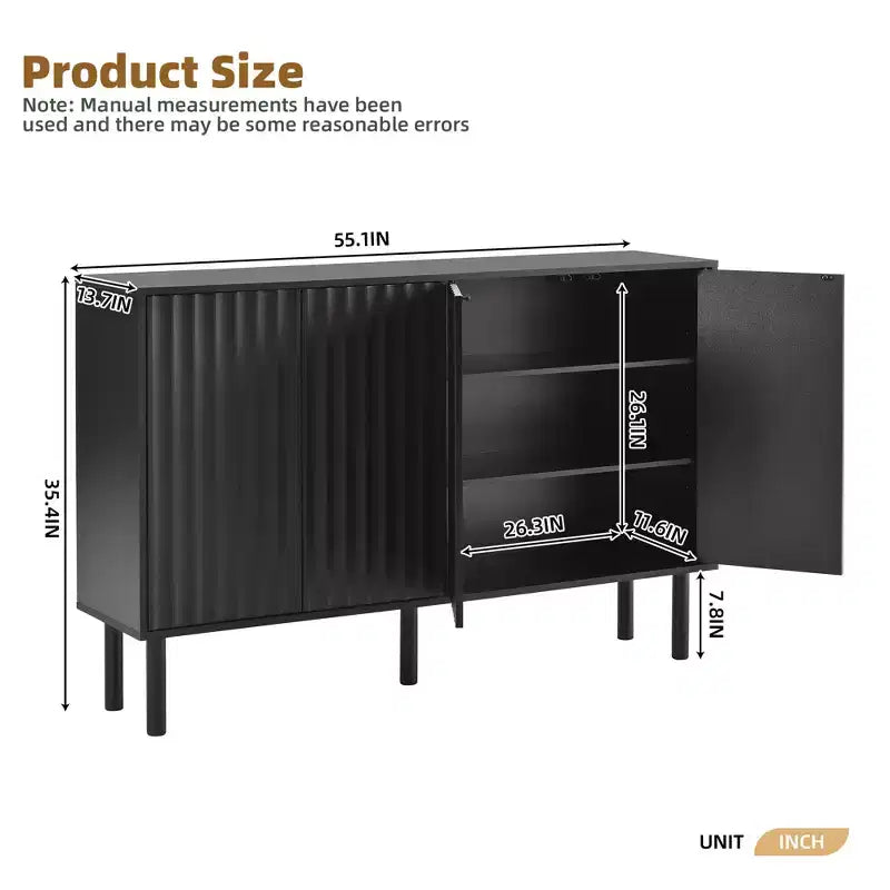 55 Entryway Shoe Cabinet, 3 Tier Shoe Storage Cabinet with 4 Doors, Sideboard Buffet Cabinet with Adjustable Shelves for Hallway Living Room