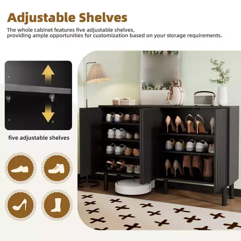 55 Entryway Shoe Cabinet, 3 Tier Shoe Storage Cabinet with 4 Doors, Sideboard Buffet Cabinet with Adjustable Shelves for Hallway Living Room