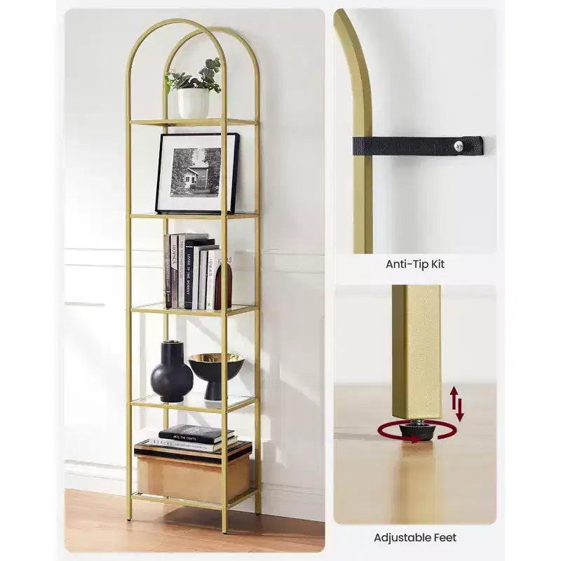5-Tier Arched Tempered Glass Shelving Unit, Modern Display Shelf