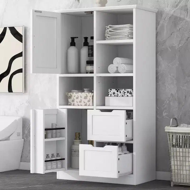 Whisen White Bathroom Storage Cabinet, Freestanding Style Cabinet with Multiple Storage Space and Open Shelf