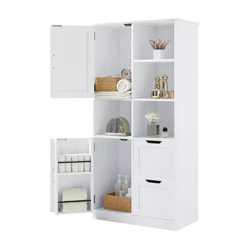 White Freestanding Bathroom Storage Cabinet with Open Shelf & Multiple Compartments