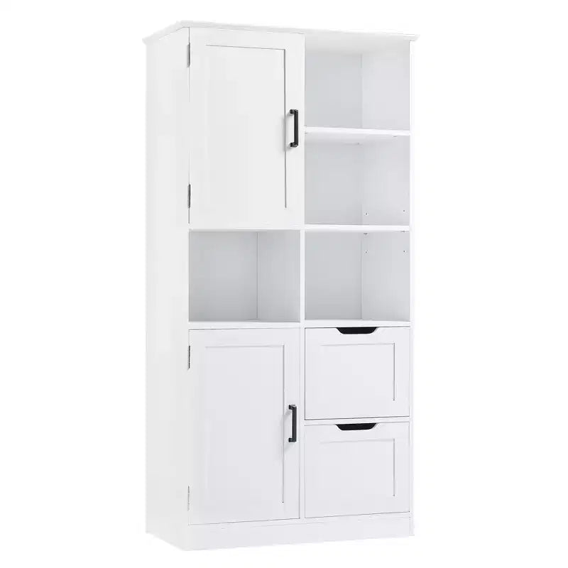 White Freestanding Bathroom Storage Cabinet with Open Shelf & Multiple Compartments