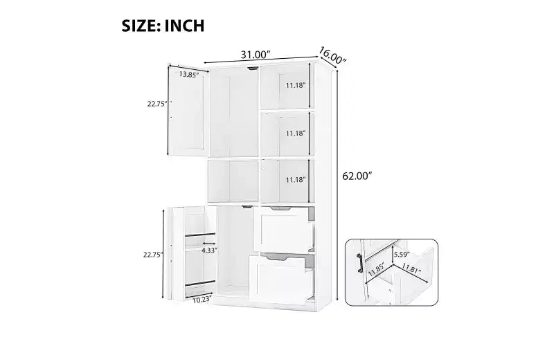 White Freestanding Bathroom Storage Cabinet with Open Shelf & Multiple Compartments