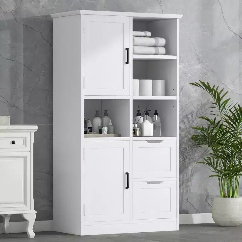 White Freestanding Bathroom Storage Cabinet with Open Shelf & Multiple Compartments