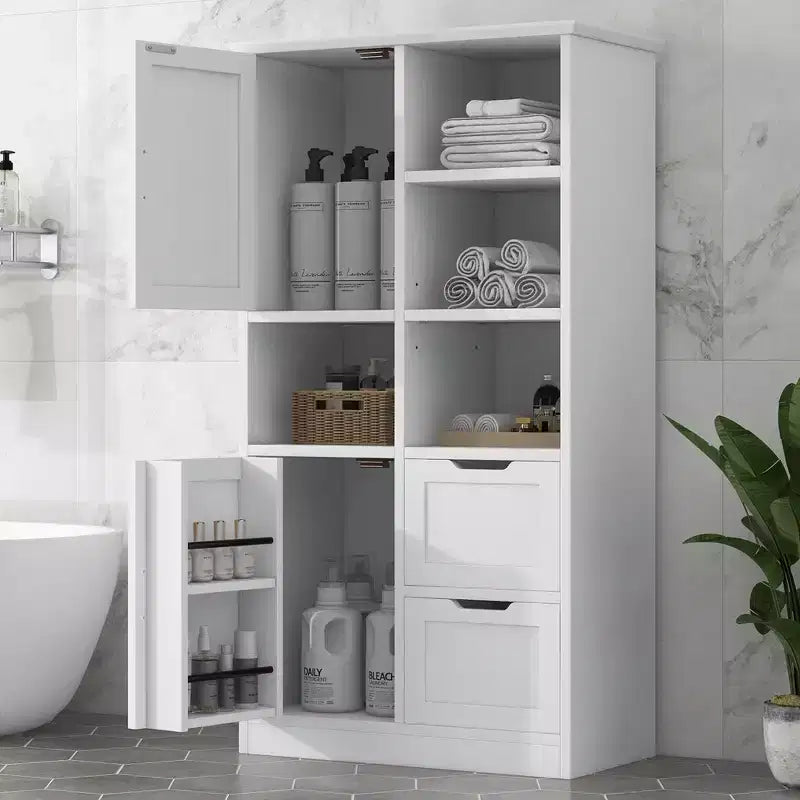 White Freestanding Bathroom Storage Cabinet with Open Shelf & Multiple Compartments