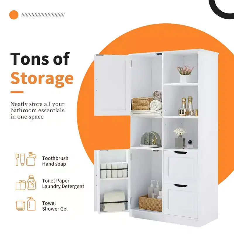 White Freestanding Bathroom Storage Cabinet with Open Shelf & Multiple Compartments