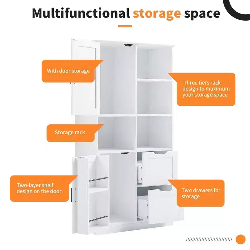 White Freestanding Bathroom Storage Cabinet with Open Shelf & Multiple Compartments