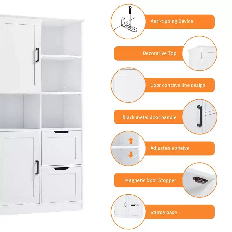 White Freestanding Bathroom Storage Cabinet with Open Shelf & Multiple Compartments