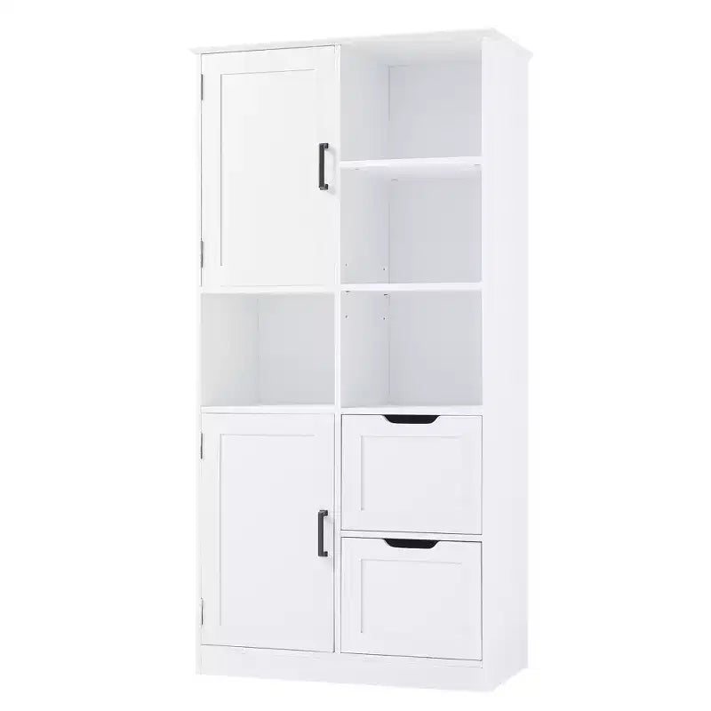 White Freestanding Bathroom Storage Cabinet with Open Shelf & Multiple Compartments