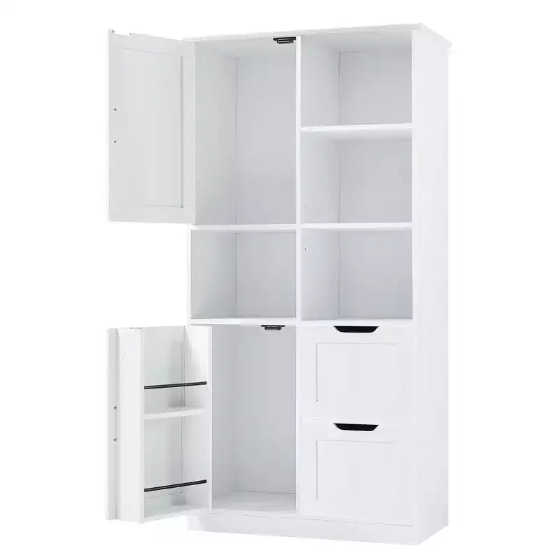 White Freestanding Bathroom Storage Cabinet with Open Shelf & Multiple Compartments