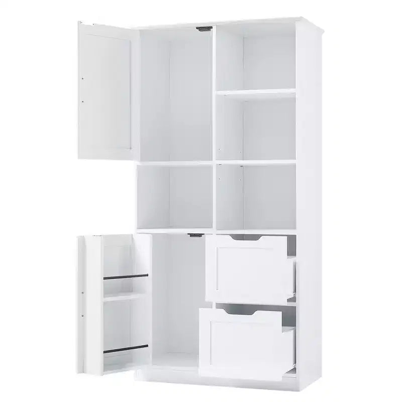 White Freestanding Bathroom Storage Cabinet with Open Shelf & Multiple Compartments